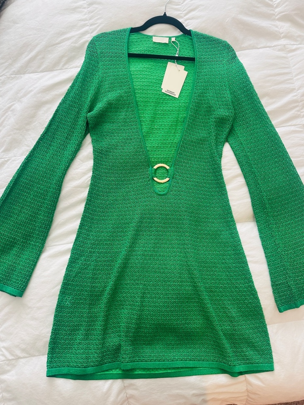 NWT MONDAY SWIMWEAR MONTEGO MINI DRESS IN PALM GREEN LUREX LACE L/XL (V) - Picture 6 of 7